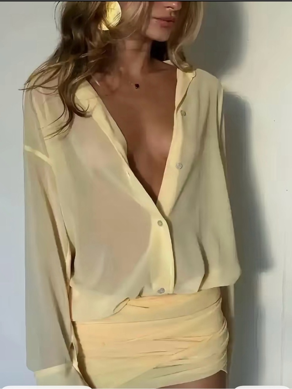 Light Yellow Sheer Button-Up Blouse